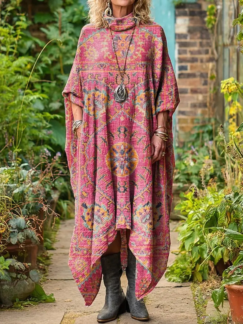 Retro Floral Art Print Long Sleeve Midi Dress